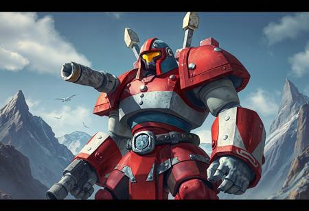 "Illustrate a Golem Sentry in a vibrant color scheme of red, white, and blue, equipped with stone guns, against a mountainous landscape backdrop. The image should emphasize exceptional quality, lifelike details, sharp lines, stunning colors, and impeccable composition. The Golem Sentry's head should have a yellow visor for contrast. Achieve a captivating and well-timed moment with octane render, unreal engine 5, and a dynamic action pose. Trend on ArtstationHQ with this 4K, highly detailed, cinematic lighting, volumetric, and hyperrealistic illustration."
