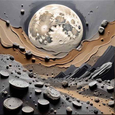 Moody abstract expressionist the surface of the moon with lots of rocks and craters, inspired by the spontaneous gestures of Bob Ross, Bob Ross style, no humans, tan and grey tones