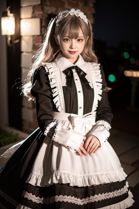 realistic, photorealistic, masterpiece, best quality, 1girl, solo, standing in castle, night, looking at viewer, smile,maid_dress, <lora:Cute Asian Face:0.7>, <lora:maid_dress_v1:0.75>