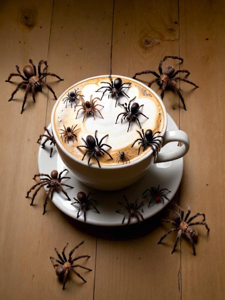 An ais-spiderz cup of coffee, on an oak table <lora:Spiders_Style_SDXL:1>