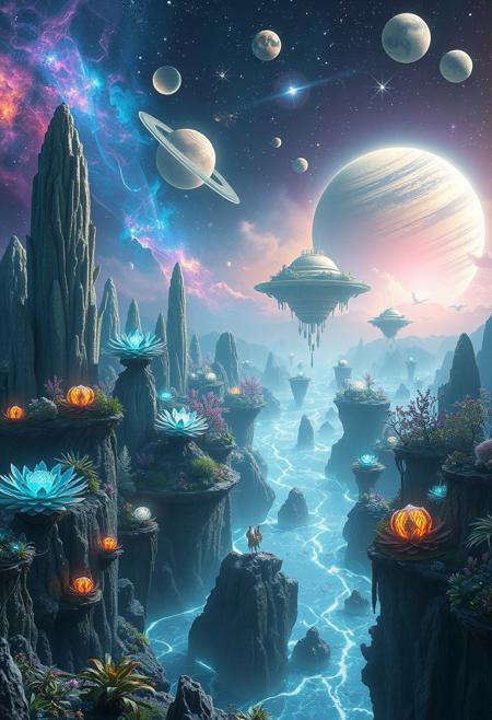 In a stunning celestial tableau, a distant planet's landscape unfolds: towering, iridescent flora illuminates against a backdrop of floating islands suspended within a radiant nebula. Crystalline formations and glowing, extraterrestrial plants mingle amidst rivers of shimmering liquid light, casting an ethereal glow across the terrain. In the distance, luminescent creatures blend seamlessly with the fantastical environment, as multiple moons and a giant, ringed planet dot the horizon, further elevating the surreal beauty of this alien world.