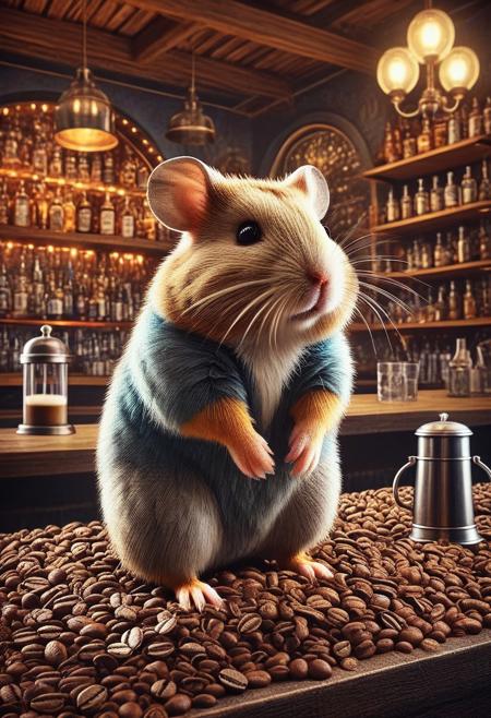 hamster, bartender, standing at the bar, detailed background, artistic, look at the viewer, rating safe, fantasy background, colorfull, coffee beans