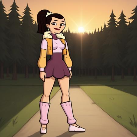 crop top, long sleeves undershirt, sleeveless mini jacket, 1girl, skirt, slippers, toeless legwear, dark brown hair, ponytail, blue eyeshadow, lipstick, makeup, earrings, black eyes, breasts, total drama, Josee_(Total_Drama), tdtrr