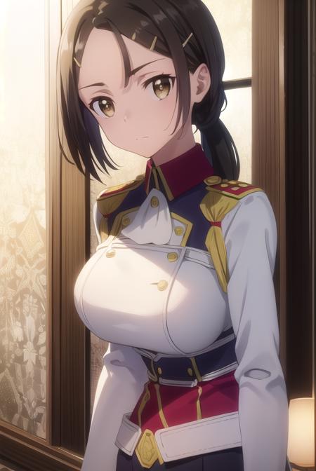 bianca, black hair, hair ornament, (brown eyes:1.5), hairclip, ponytail, pants, uniform, military, military uniform,