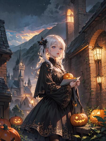 (extremely detailed CG unity 8k wallpaper),(masterpiece),(best quality),(ultra-detailed),(best illustration),1girl,candy,hallowmas,night,pumpkin lamp,witch,The detailed castle,mist encircles the mountains,fairyland,nature,flowers,<lora:æ°´å¢¨-000012:0.5>,