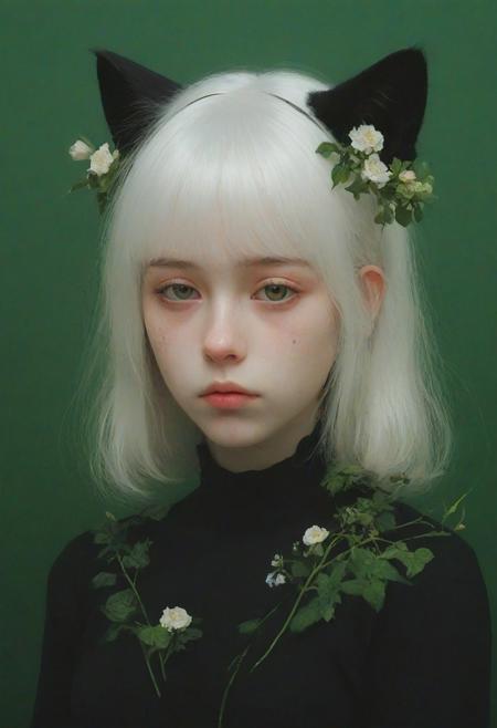 `white hair, shoulder-length hair, straight hair, 20 years old, catgirl, cat ears, cute, pale skin, blushed face, snub nose, flowers, collar, black theme, green theme, digital artwork by Beksinski, portrait