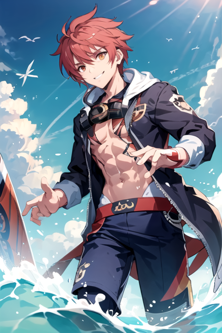 <lora:JinKaien-10:0.745> , jingc, solo, looking at viewer, smile, short hair, 1boy, jewelry, jacket, yellow eyes, pink hair, male focus, red hair, outdoors, open clothes, sky, day, cloud, water, open jacket, tattoo, abs, goggles, male swimwear, goggles around neck, surfboard