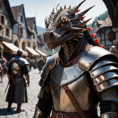 highly detailed portrait photo of a (dragonkin):1.2 in a medieval town,

dragonkin, solo, weapon, male focus, chainmail,

medieval town with townspeople in the background,

depth of field:1.2, blurry, blurry background,
realistic:1.3,

photorealistic,
fantasy, cinematic,
32k, best quality, 
god rays:1.2,
dappled sunlight:1.1,




