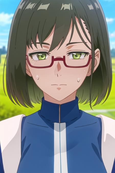 best quality, masterpiece, highres, solo, {shinjo_amane_birdiewinggolfgirlsstory:1.15}, glasses, short_hair, semi-rimless_eyewear, green_hair, green_eyes, under-rim_eyewear, red-framed_eyewear, 1girl, closed_mouth, closed_eyes, sweatdrop