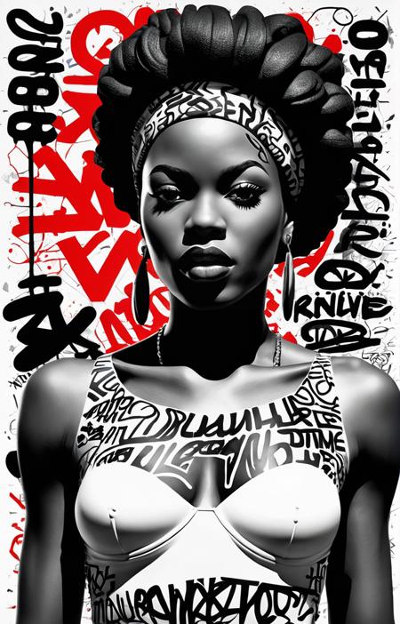 plaster female statue of attractive black woman adorned with wildstyle graffiti,intricate and dynamic graffiti lettering covers all the surface,featuring bold tags,complex shapes,energetic chaos of wildstyle graffiti,Zanele Muholi,Barbara Kruger,Romero Britto,handsomize,white background,grainy film filter,minimalistic,HD,bold lines,poster,intricate,artstation,dof