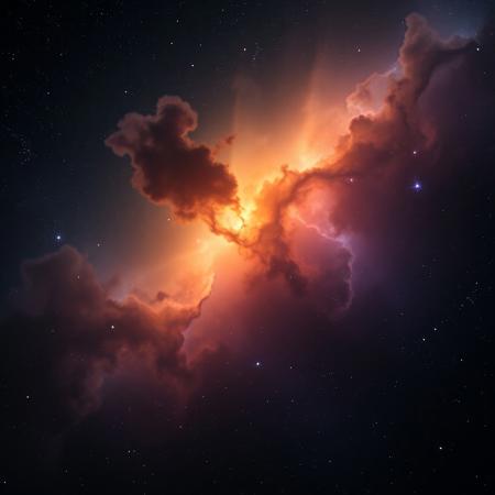 photorealistic dark translucent cosmic nebula in hues of black, orange, blue, and purple, and with 6 diffraction lines on stars