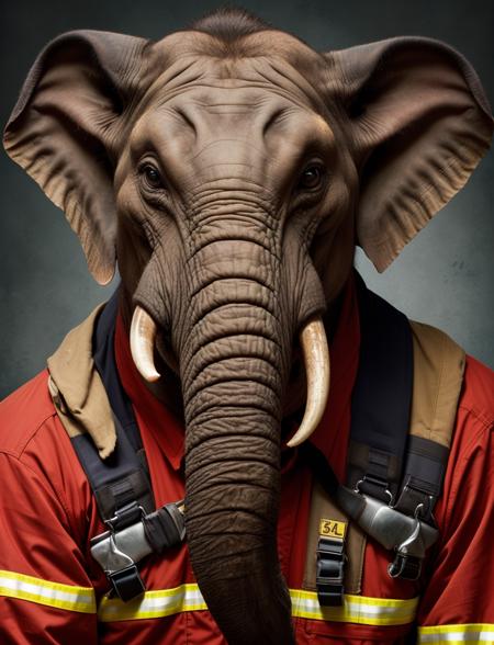 solo mid shot portrait photo of a humanoid elephant hybrid, anthro firefighter