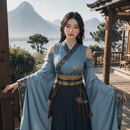 best quality,masterpiece,8k wallpaper,absurdres, highres, ultra detailed, (1 young beautiful girl, solo:1.1),realistic,hair ornament, black hair,cowboy shot, hair stick, chinese clothes, dress, looking at viewer, standing, brown eyes, sash, jewelry,realistic, blue dress,A fairytale land where magical creatures live and thrive,<lora:WLFD_LadyZhen_NOFACE:0.6>
BREAK