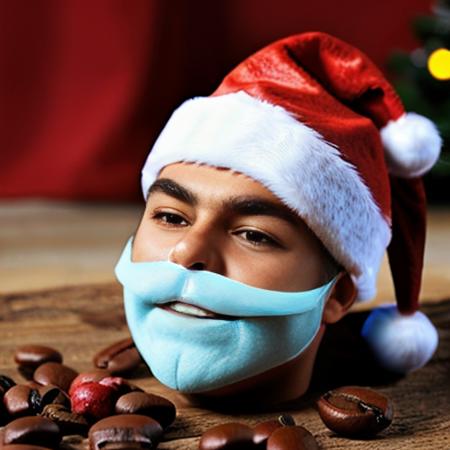 santa clause, christmas topic,coffee beans and chocolate, high quality, <lora:cofzee:2>, cofzee, christmas background
