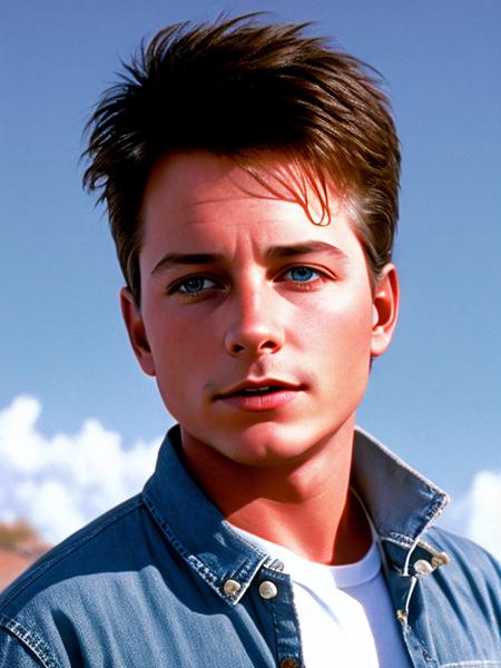 photo of (MartyMcFly:0.99) Wearing a white-and-blue striped shirt with a denim jacket and a pair of white high-top sneakers, detailed face, realistic skin, high quality, (bluegrey eyes:1.1), Leica 50mm, f1. 4, natural light, grainy, (high detailed skin:1.2), high detail