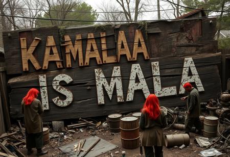 Create an image of a huge, rotting wooden sign that reads “KAMALA IS MALA” in roughly painted, weathered letters. The sign is splintered and decaying, with mold and moss creeping over the cracks, giving a sinister, neglected appearance. The background is set in a grimy, cluttered backyard, with a desolate, makeshift look typical of an illegal meth lab scene. Red-haired figures in worn, dirty clothes are working near rusted equipment and jury-rigged setups, with scattered debris, barrels, and broken-down machinery adding to the chaotic atmosphere. The lighting is dim and gritty, casting shadows over the disarray.