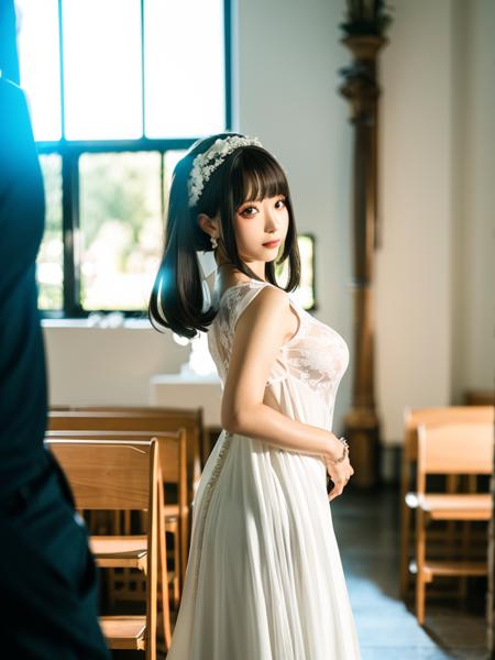 <lora:chunmmfullbody_v1:0.8>, (white wedding gown:1.4), (wedding dress:1.4), (long dress:1.4), (white garter belt:1.2), chunmomo, 1girl, solo, realistic, looking at viewer, blurry, black eyes, black hair, bangs, long hair, day, church, blunt bangs, hair ornament, holding, soft light, 8K, ultra high resolution, ultra-detailed, photorealistic, an extremely delicate and beautiful,