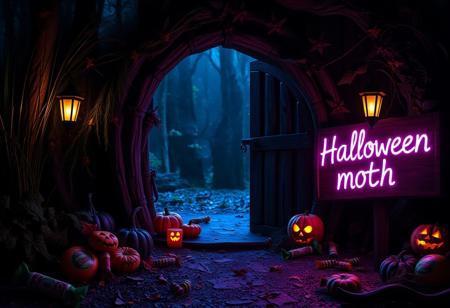 hyperdetailed ultra-detailed realistic,  
extremely detailed Halloween themed portal,  with candies and decorations, a sign nearby written((("Halloween moth"))) with glowing vibrant violet, detailed dark environment, dark shot, rtx, at exotic dark florest background , High Definition HD, High Detail, Perfect Composition, dark fantasy movie, cowboy shot,