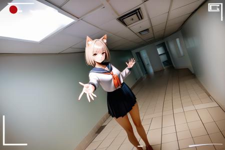 liminal space, 1girl, cat ears, short hair, cowboy shot, serafuku, skirt, expressionless, looking at viewer, selfie,  reaching towards viewer, viewfinder, dutch angle, ceiling light, ceiling, indoors, tiles, tile floor, door, light, a long hallway in a building with a bench on the floor, best quality