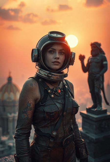 A beautiful woman from the Doomed 1920s era, wearing deep-sea diver suit, rusted and cracked, twilight under a dying sun, set in cyclopean city of non-Euclidean geometry, with a black stone idol, standing at the edge of reality, with a maddened grin, distorted wide-angle, faint chanting in forgotten tongues, amulet pulsing with vile energy. with screams buried in silence, and flesh that forgets its shape