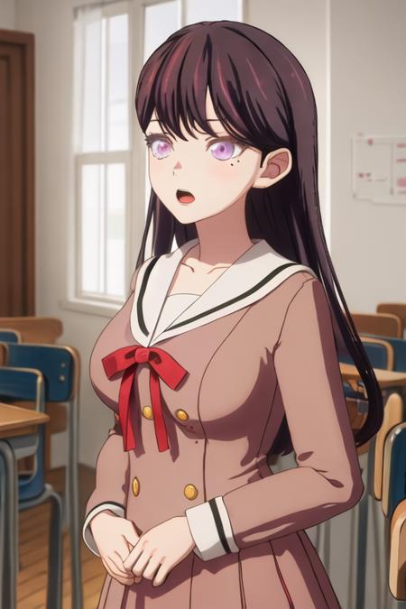 best quality, masterpiece, highres, solo, {shiina_taki_bangdreamitsmygo:1.15}, long_hair, black_hair, purple_eyes, mole_under_eye, mole, bangs, indoors, brown_hair, dress, hanasakigawa_school_uniform, long_sleeves, red_ribbon, school_uniform, 1girl, ribbon, neck_ribbon, brown_dress, sailor_collar, white_sailor_collar, buttons, open_mouth, sailor_dress, upper_body, double-breasted