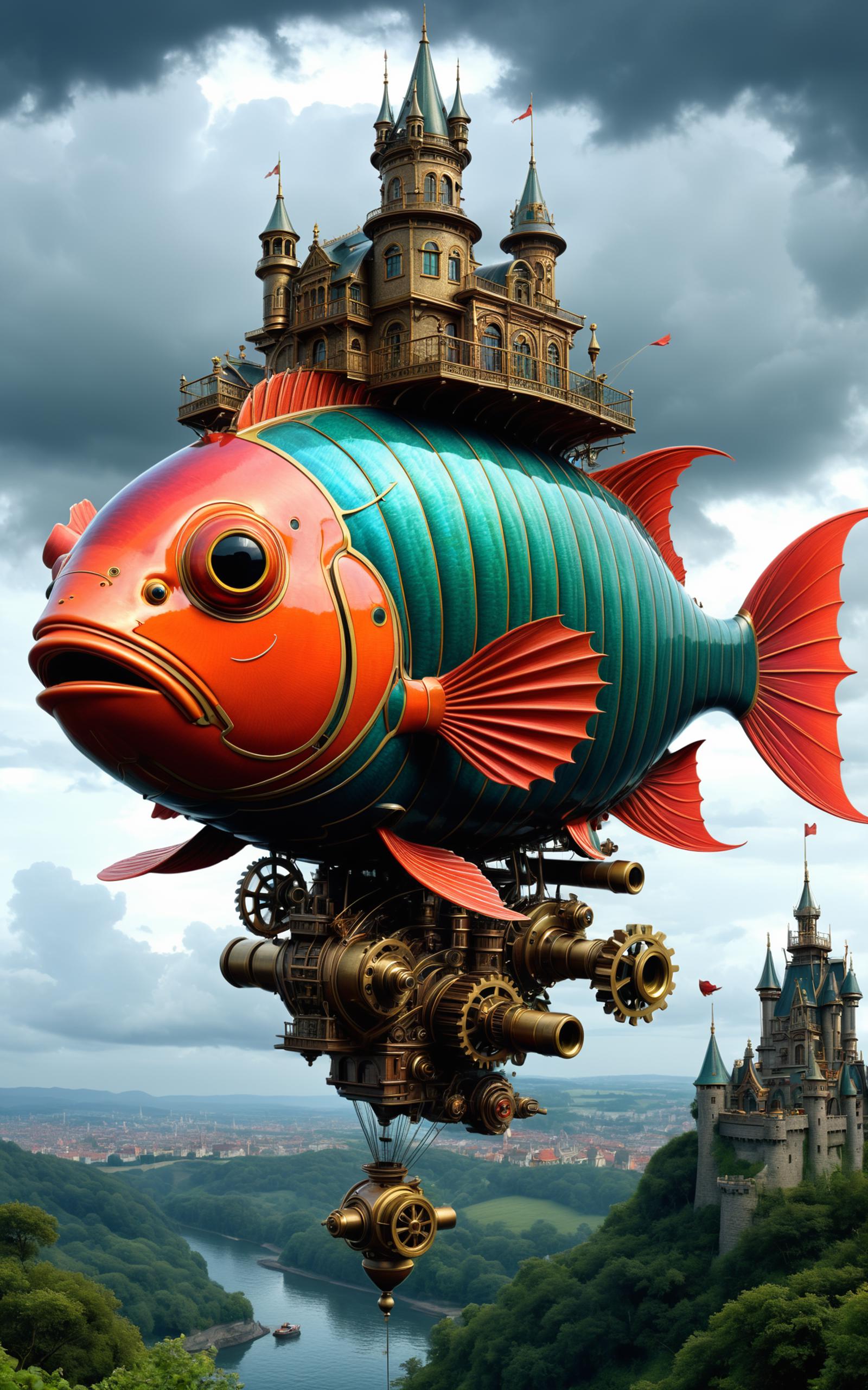 A Fish Balloon Floating in the Air with a Castle in the Background