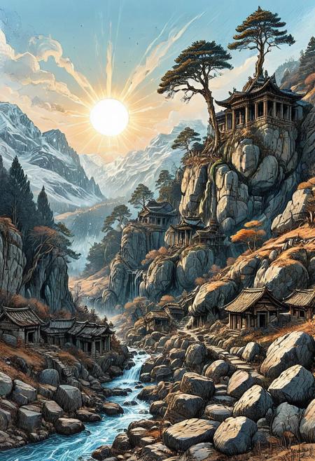 An epic, ink art, line art  painting of a dramatic deep valley cutting through soaring hills, pine trees growing on its slopes with a cold stream tumbling over grey rocks. A stone temple, ancient and ruined, with a few dilapidated huts spread around it, can be seen at the far end of the valley. A winter sun high in the pale blue sky.,(((sharp focus))), (hyperdetailed:1.3), (intricate details:1.2), (Refined details:1.3), (best quality:1.5), highly detailed textures, vibrant colours, (ultra sharp focus:1.8)
