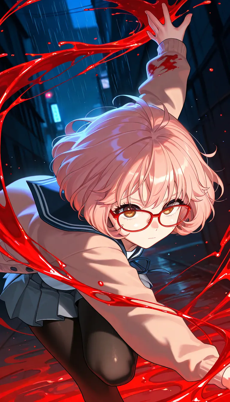 A young woman with short pink hair, brown eyes, and red-framed glasses, wearing a sailor school uniform and black tights. She is mid-action, extending her arms with red liquid splashing around her. The background depicts a dark, rain-soaked urban alley, creating a dramatic, intense atmosphere. 