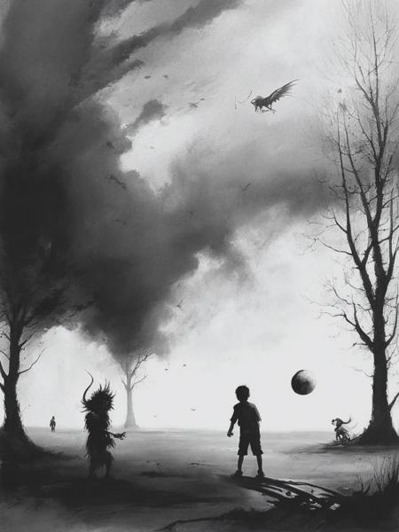 <lyco:StephenGammell:1.0> a lonely young boy playing ball with a demon drawn by Stephen Gammell