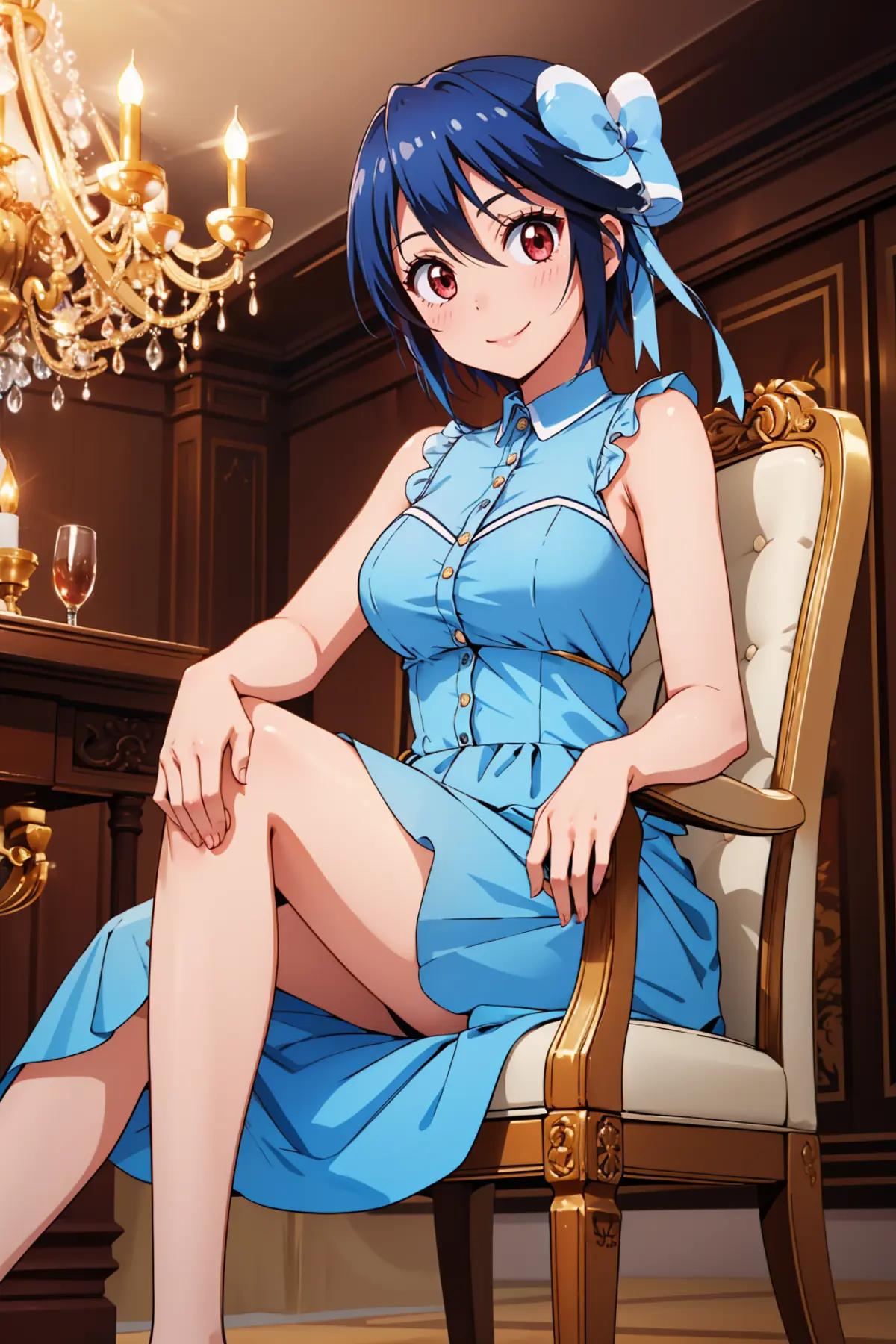 A young woman seated in a luxurious room. She is dressed in a blue dress and a blue bow adorning her hair. The room is elegantly decorated, with a chandelier hanging from the ceiling.