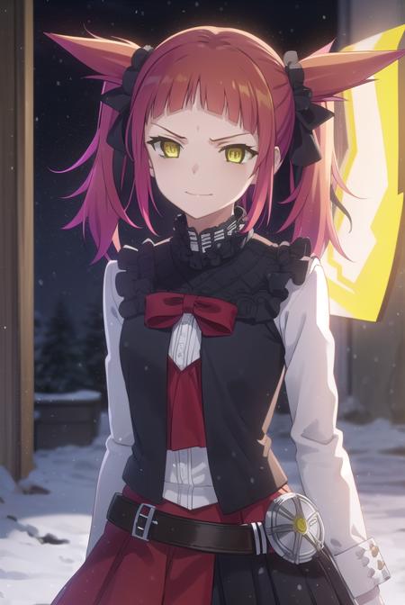 beatrice flowerchild, twintails, (yellow eyes:1.3), red hair, sharp teeth, ribbon, hair ribbon, bangs, blunt bangs, skirt, dress, bow, frills, flower, long sleeves, vest, black vest, choker, pleated skirt, red skirt,