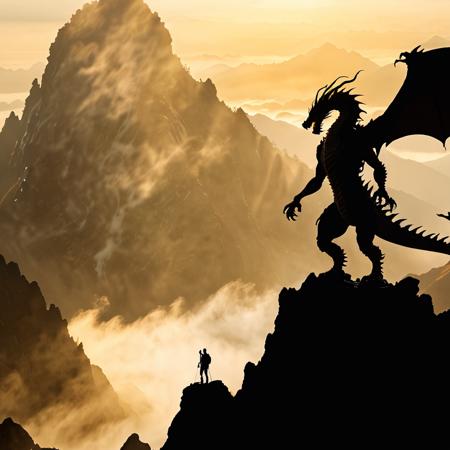 A silhouetted hiker standing atop a misty mountain peak, confronting a majestic dragon bathed in golden sunlight.