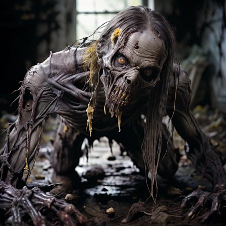 <lora:RPGGhoul:1>ghoul, solo, long hair, 1boy, male focus, ((yellow eyes)), teeth, blurry, skeletal, ((crawling))