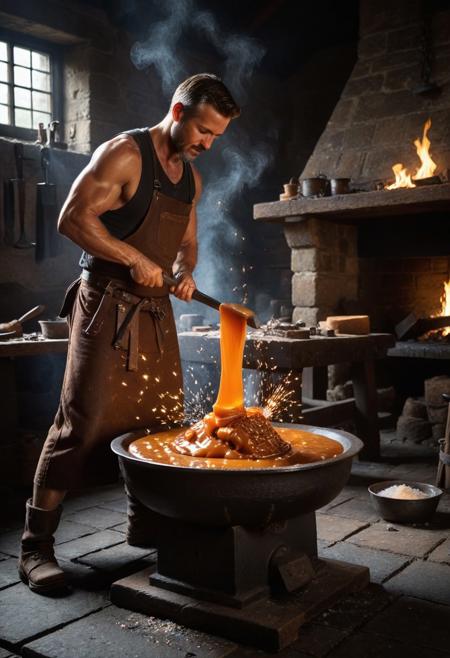 High Resolution, masterpiece, best quality, ultra-detailed, hyperrealistic,
a blacksmith at an anvil in a forge,
action shot, dynamic pose,
the blacksmith is hammering not metal, but a glowing, molten lump of caramel, sparks of sugar fly from the impact, crafting a beautiful dessert or a sharp weapon,
dark, fiery workshop,
fantasy, powerful, high contrast between the dark forge and the glowing caramel,
detailed, caraf