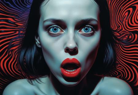 Beautiful cute short very skinny lonely girl, one very lonely girl. Hand shoved deep into her mouth, she looking at camera, shock expression, eyes open, moaning, tears, snot, and sweat. She looks directly into the camera, Inspired by H.R. Giger and Zdzisław Beksiński. Pop art colors and her luminous skin. Bold, graphic shadows twist and writhe around her. Vibrant crimson lips seem to pulse with an otherworldly energy. Deep, ominous darkness surrounds her, punctuated by flashes of bright, surreal color. Haunting charm and eerie feeling emanate from her gaze. pop art colors, bold graphics, Roy Lichtenstein, H.R. Giger, Zdzisław Beksiński, surrealism,
