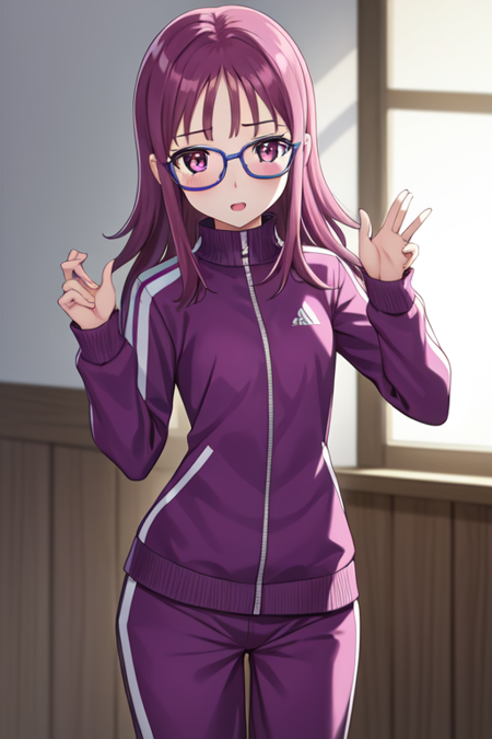 hojosakura, 1girl, solo, glasses, purple track suit, blue track jacket