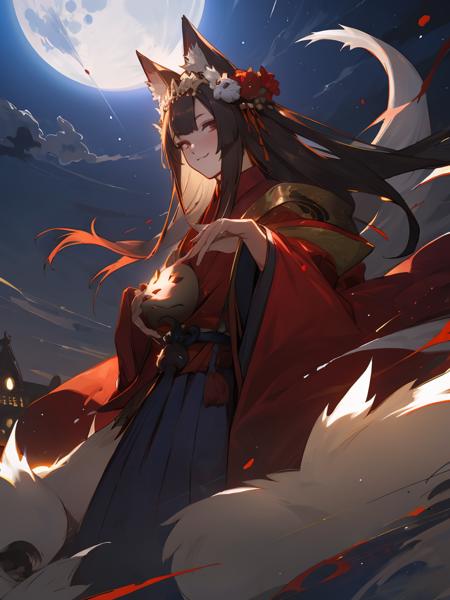 masterpiece,best quality,highres,cinematic lighting,dramatic angle,1girl,<lora:ShadowverseGinsetsuV7-000024:0.8> ,animal ears,japanese clothes,obi,looking at viewer,:3,mask,tails,long sleeves,fingernails,moon,night,hair ornament