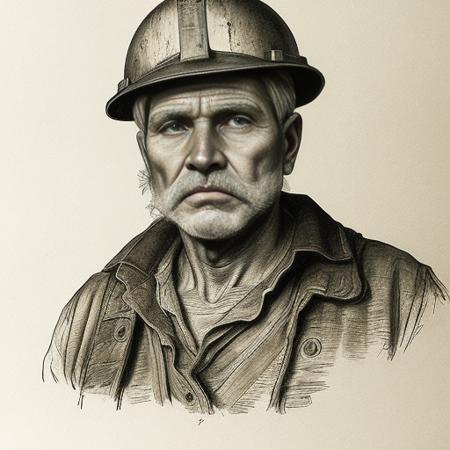 portrait of an miner, drawing, detailed <lora:monochrome :.5> <lora:Dylan:.5>, old paper, dark