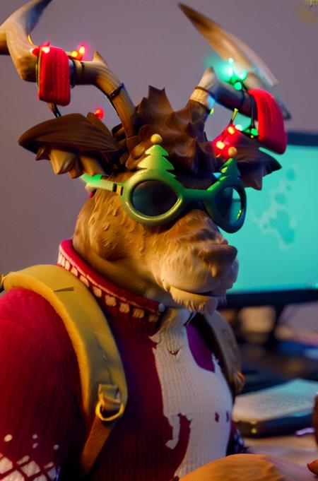 A high quality unreal engine render of a close up portrait of anthro reindeer Fortnite_Dolph, Novelty Glasses, Christmas Sweater, Belt, Christmas Stocking, Christmas Lights, Candycane, Pistol Holster, Christmas Ball Ornament, Khaki Pants, Shin Guards, Boots, three fingered hands, office, sitting at a computer, (detailed fur:1.2), CG, Octane Render, 8k uhd, soft lighting, high quality, ambient occlusion, <lora:Fortnite_Dolph_v3:1>