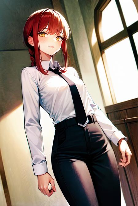 makima \(chainsaw man\), 1girl, absurdres, bangs, indoors, black necktie, black pants, braid, braided ponytail, collared shirt, cowboy shot, highres, long hair, long sleeves, necktie, red hair, ringed eyes, shirt, sidelocks, solo, uniform, white shirt, yellow eyes, small breasts <lora:makima_offset:1>