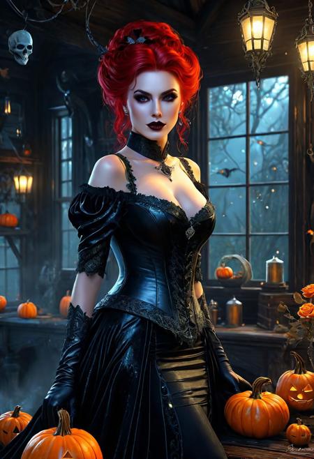 Ultra detailed digital art masterpiece, face portrait, mysterious dark Witch woman, a cute magical creature like a Witch standing in the Shack, realistic black rose, ultra detailed Witch's Mysterious Shack, in year 1880, victorian style, Halloween decorations including pumpkins, rose flower style, white marble, old dark solid wood, victorian decals, perfect lighting, elegant, Tom Bagshaw, Anne Bachelier, unreal engine 5 nanite quality, mixed with dark elements, dark environment, very dark night, clean dark velour witch clothing, dark washed out eyeliner, no make up, natural pale face, nose piercing, abstract, big shiny brown eyes, ultra detailed atmospheric details, beautiful glowing effects, sparkle effects, realistic body proportions, beautiful face proportions, complex masterpiece, wild red hair style, creative glowing detailed tattoos, complex physics, enhanced colors, complimentary colors, ultra detailed raytracing reflections, Ultra detailed complex background, environment feels alive, direct eye contact, dramatic lighting, wet and sweaty skin, beautiful firm Breasts, Concept art portrait by Greg Rutkowski
