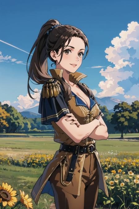 masterpiece, best quality, judith, ponytail, hair over shoulder, brown tunic, cleavage, belt, brown pants, cowboy shot, from side, smile, field, sky, clouds, crossed arms <lora:judith-nvwls-v2-000010:0.9>