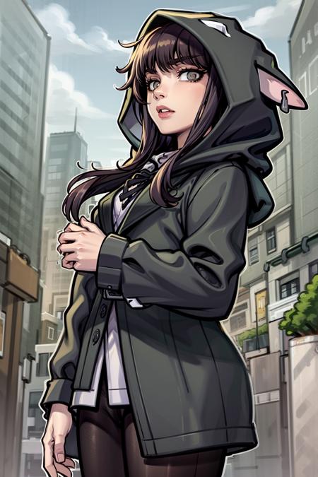 masterpiece, best quality, highly detailed,  shoka \(twewy\), 1girl, animal hood, black hoodie, grey eyes, black hair, city background, thick lineart