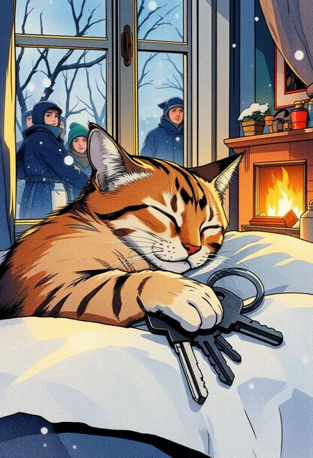 Paint a serene yet dynamic watercolor scene in the Flux art style, where a sleeping cat is *fully nestled within a keys in a keychain*. The cat’s body, rendered in soft, cat color brown with a little orange and a little white with a black M in his forehead, in a soft pillow near to a house window, inside an apartment with a fireplace warm, outside a heavy snowfall a a group of people in coats freezing banging on the window trying to get the cat's attention