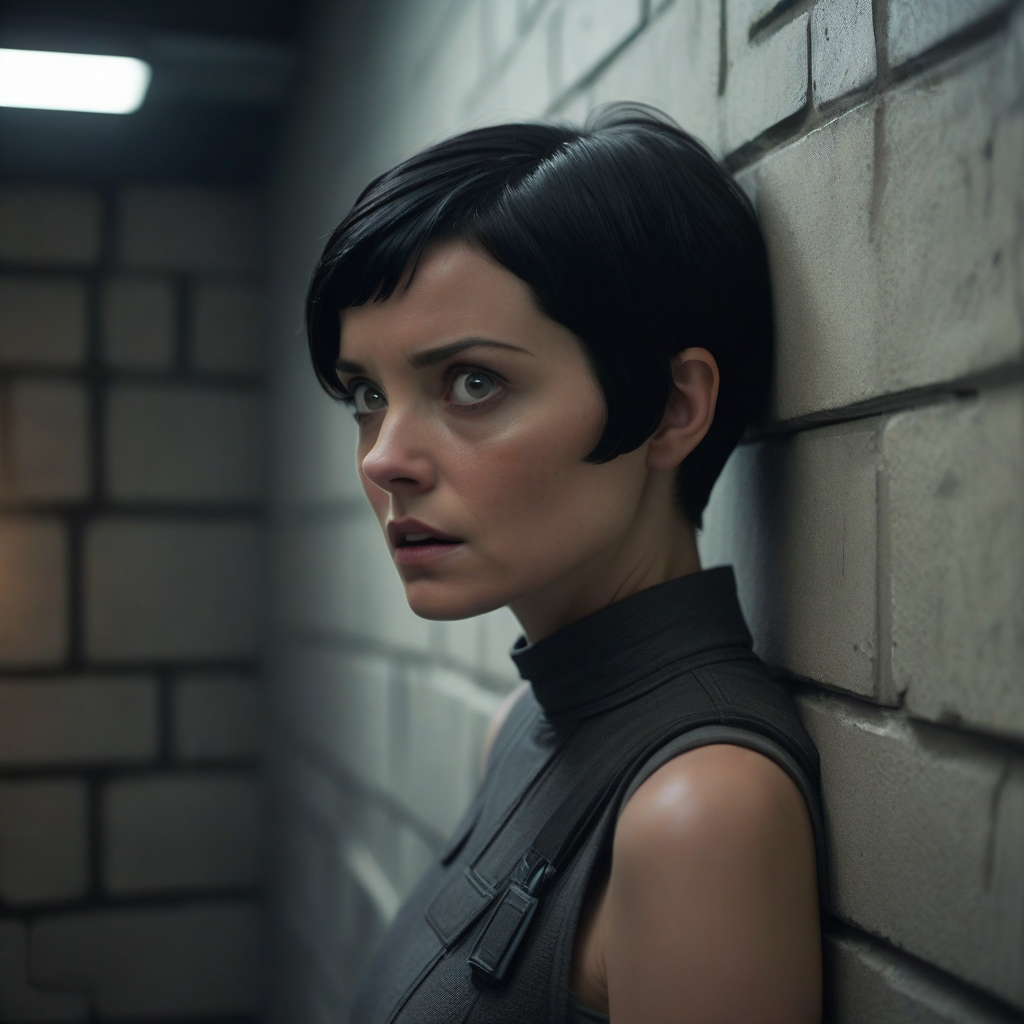 cinematic shot of a woman with short black hair is peeking from a wall, droid on shoulder, science fiction
cinematic light...