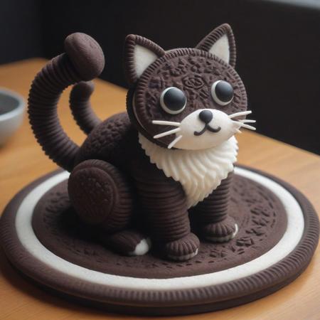 cat made of creamy cookies,  set in a modern coffee shop table, surreal, trippy, beautiful, monochrome, clean lines, neutral tones, contemporary lighting, and stylish seating, ,Masterpiece,best quality, photo, realistic, very aesthetic, microscopic photography, magnified, molecular, unseen worlds revealed, scientific exploration, capturing molecular details, professional imaging techniques, precise focusing, revealing hidden beauty, scientific discovery, artistic interpretation, nano scale, revealing the wonders of the unseen,