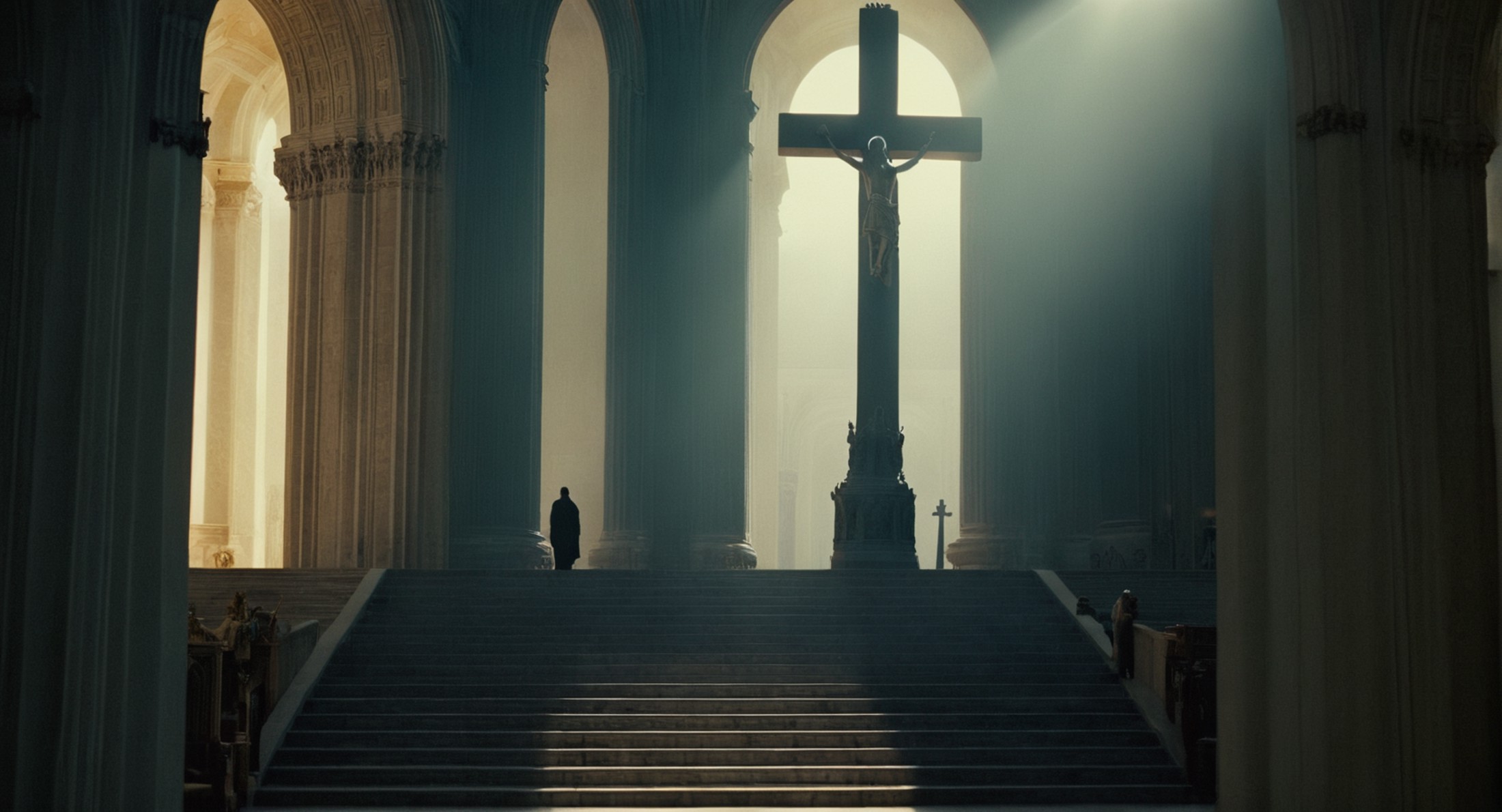 cinematic film still of  <lora:Ron Fricke style:1>
a large cathedral with a statue of a person on a cross,indoors,no human...