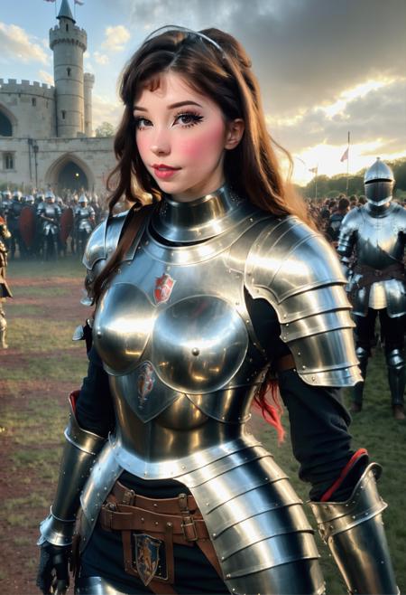 (Belle Delphine:1.05), a full body image of a woman wearing a knight armor on a busy battlefield, atmospheric, cinematic