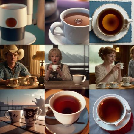a cinematic (telephoto shot:1.2) cup of tea. Movie still. atmospheric, cheerful, adorable.  Rimlight.