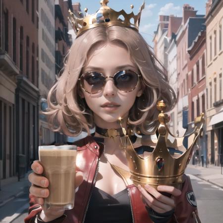 Highly detailed, High Quality, Masterpiece, beautiful, 1girl, solo, YouDroppedThisKingMeme, <lora:YouDroppedThisKingMeme:1>, cown, holding, holding crown, blonde hair, sunglasses, choker, leather jacket, choccymilk, holding, cup, <lora:Pos_ChoccyMilk:1>